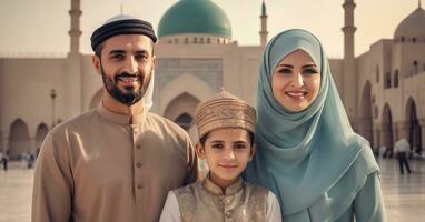 ai generado árabe musulmán familia en frente de un mezquita foto