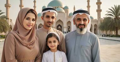 ai generado árabe musulmán familia en frente de un mezquita foto