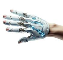 ai generado un artificial inteligencia dispositivo sostiene sus brazo para el humano mano, foto