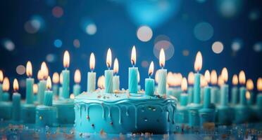 AI generated bright candles on a blue birthday cake, photo