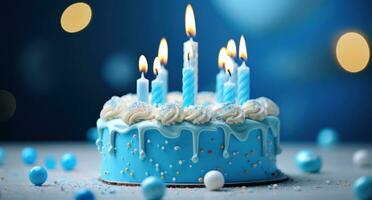 AI generated bright candles on a blue birthday cake, photo