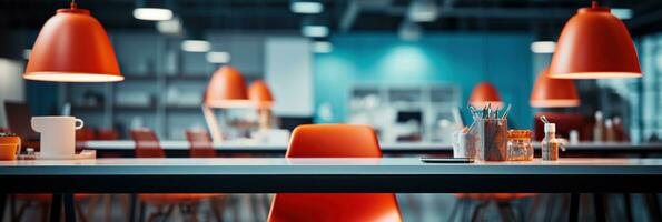 AI generated blue office table with red chairs, lamps, and lamp shades photo