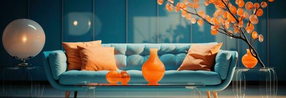 AI generated blue and orange furniture in a living room, photo