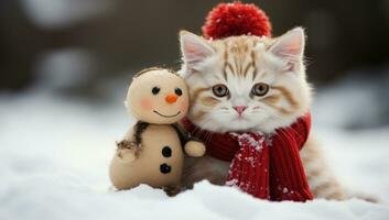 AI generated cat snowman  on snow winter photo