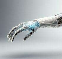 ai generado un artificial inteligencia dispositivo sostiene sus brazo para el humano mano foto