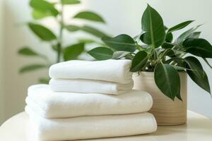 AI generated three white towel stacked next to a plant on a table photo