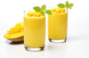 AI generated two glasses of mango juice next to pieces of mango on a wooden background photo