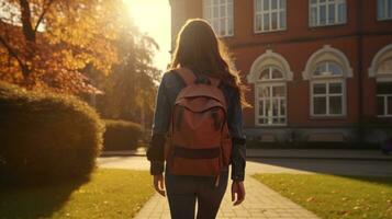 ai generado estudiante mujer caminando lejos desde colegio con su mochila foto