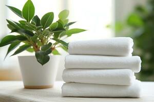 AI generated three white towel stacked next to a plant on a table photo