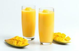 AI generated two glasses of mango juice next to pieces of mango on a wooden background photo