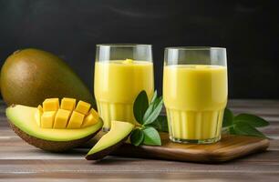 AI generated two glasses of mango juice next to pieces of mango on a wooden background photo