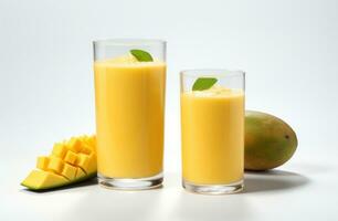 AI generated two glasses of mango juice next to pieces of mango on a wooden background photo