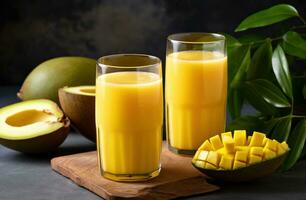 AI generated two glasses of mango juice next to pieces of mango on a wooden background photo