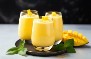 AI generated two glasses of mango juice next to pieces of mango on a wooden background photo