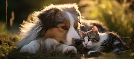 ai generado dos perros y gatos acostado juntos en el césped foto