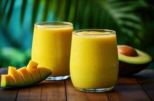 AI generated two glasses of mango juice next to pieces of mango on a wooden background photo