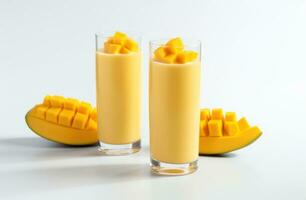 AI generated two glasses of mango juice next to pieces of mango on a wooden background photo