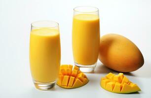 AI generated two glasses of mango juice next to pieces of mango on a wooden background photo