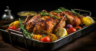 AI generated turkey roasting on a tray with herbs photo