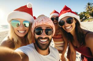 ai generado un grupo de personas tomando un selfie en Papa Noel sombreros, foto