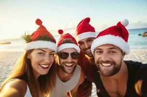 ai generado un grupo de personas tomando un selfie en Papa Noel sombreros, foto