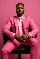 AI generated a man is in a pink suit sitting down photo