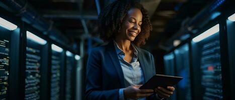 AI generated woman working in server room using tablet photo