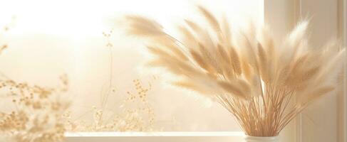 AI generated white, dried grass with golden sunlight streaming through an open window photo