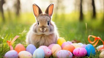 AI generated cute bunny with a pink bow sitting in a grassy field with colorful Easter eggs in the background photo