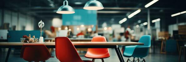 AI generated an interior of a work space showing red chairs and a lamp photo