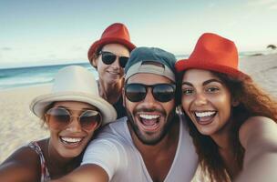 ai generado un grupo de amigos etiquetado selfies con un persona en un sombrero, foto