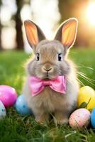 AI generated cute bunny with a pink bow sitting in a grassy field with colorful Easter eggs in the background photo