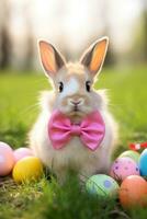 AI generated cute bunny with a pink bow sitting in a grassy field with colorful Easter eggs in the background photo