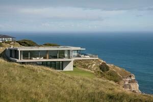 AI generated an architecturally designed house situated on a clifftop overlooking the ocean photo