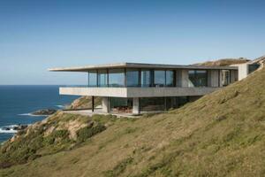 AI generated an architecturally designed house situated on a clifftop overlooking the ocean photo