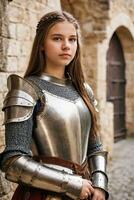 ai generado un joven mujer en medieval armadura en pie en frente de un castillo foto