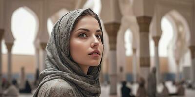 ai generado un hermosa mujer vistiendo un Pañuelo en frente de un mezquita foto