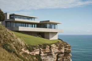 AI generated an architecturally designed house situated on a clifftop overlooking the ocean photo