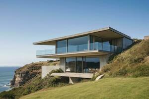 AI generated an architecturally designed house situated on a clifftop overlooking the ocean photo