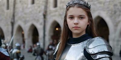 ai generado un joven mujer en medieval armadura en pie en frente de un castillo foto