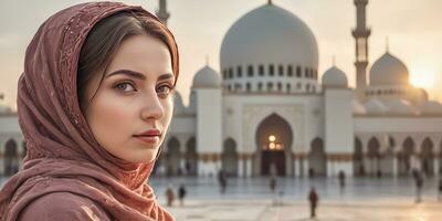 AI generated a beautiful woman wearing a headscarf in front of a mosque photo