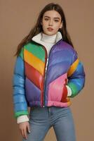 AI generated a female model wearing a rainbow colored puffer jacket photo