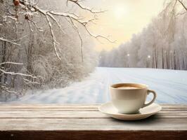 AI generated Cup of coffee on a wooden table looking out to a Christmas snowy landscape - generative ai photo