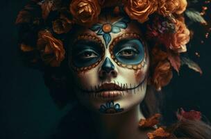 AI Generated Portrait of a woman with sugar skull makeup over dark background. Halloween costume and make-up. Portrait of Calavera Catrina. Generative AI. photo