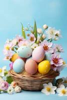 AI generated A colorful Easter basket overflowing with pastel eggs and spring flowers on a blue background photo