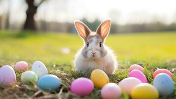 AI generated cute bunny with a pink bow sitting in a grassy field with colorful Easter eggs in the background photo