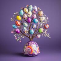 ai generado un vibrante imagen de un decorado Pascua de Resurrección huevo árbol foto