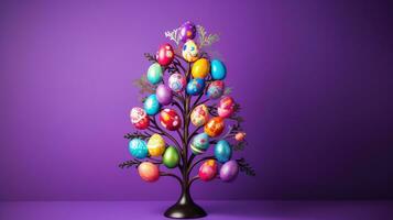 ai generado un vibrante imagen de un decorado Pascua de Resurrección huevo árbol foto