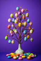 ai generado un vibrante imagen de un decorado Pascua de Resurrección huevo árbol foto