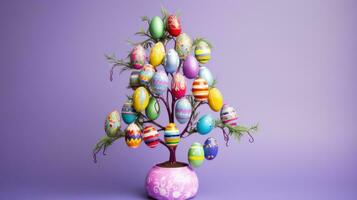 ai generado un vibrante imagen de un decorado Pascua de Resurrección huevo árbol foto